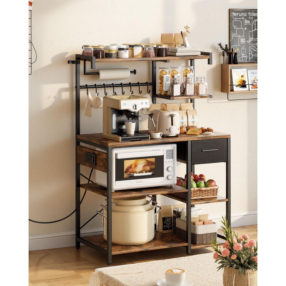 Kitchen Bakers Rack, 4.6ft Power Cable Bakers Rack with Power Outlet, Kitchen Stand with X-Shaped Support Bar, 8 S-Shaped Hooks, Coffee Bar Stand for Dishes, Spice Bottles, Built-In Power Strip