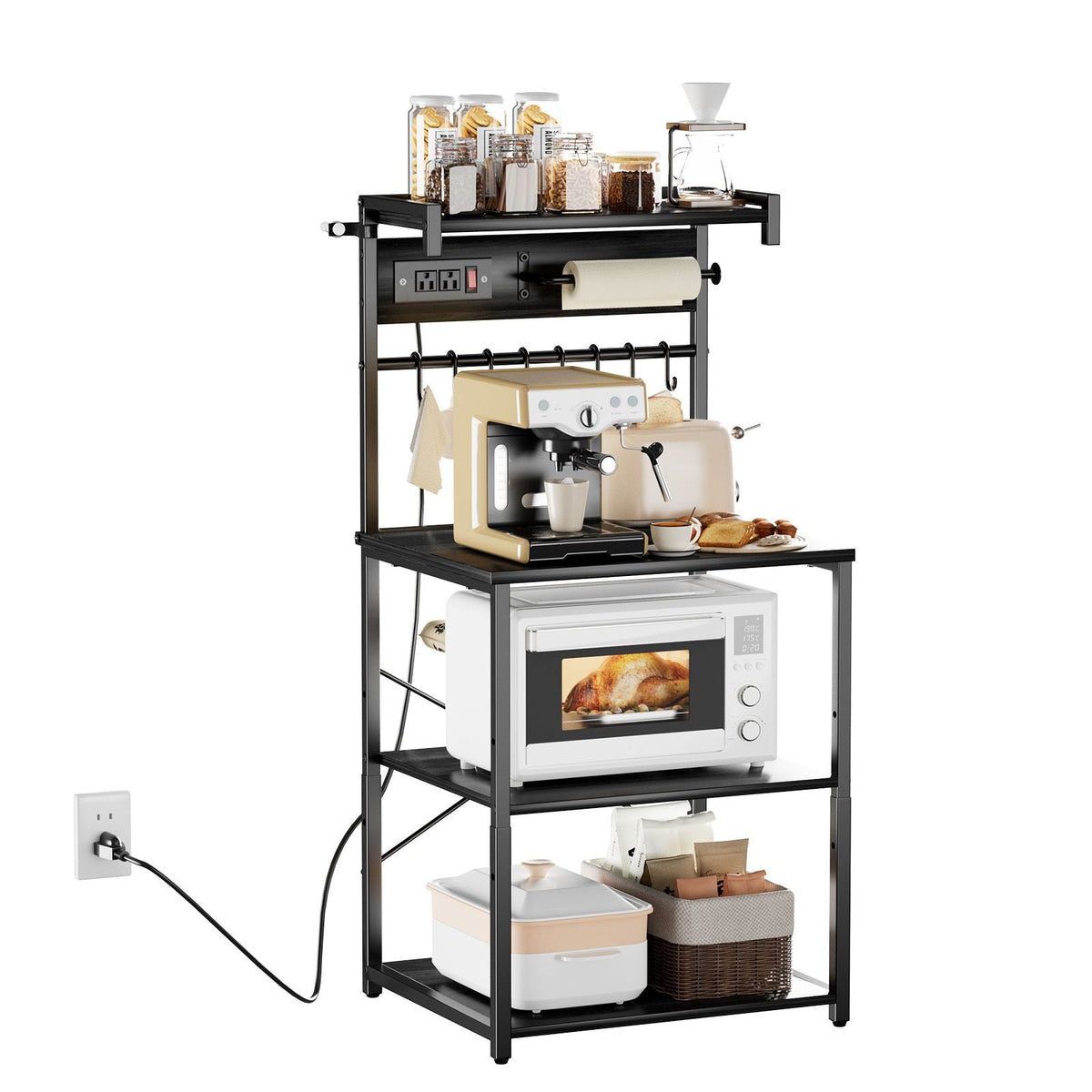 Kitchen Bakers Rack, 4.6ft Power Cable Bakers Rack with Power Outlet, Kitchen Stand with X-Shaped Support Bar, 8 S-Shaped Hooks, Coffee Bar Stand for Dishes, Spice Bottles, Built-In Power Strip