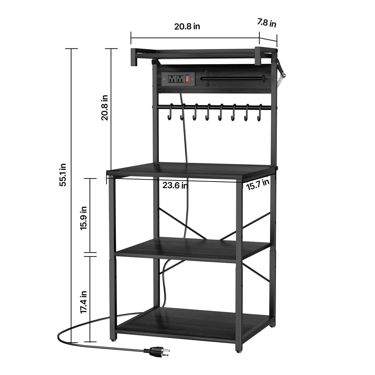 Kitchen Bakers Rack, 4.6ft Power Cable Bakers Rack with Power Outlet, Kitchen Stand with X-Shaped Support Bar, 8 S-Shaped Hooks, Coffee Bar Stand for Dishes, Spice Bottles, Built-In Power Strip