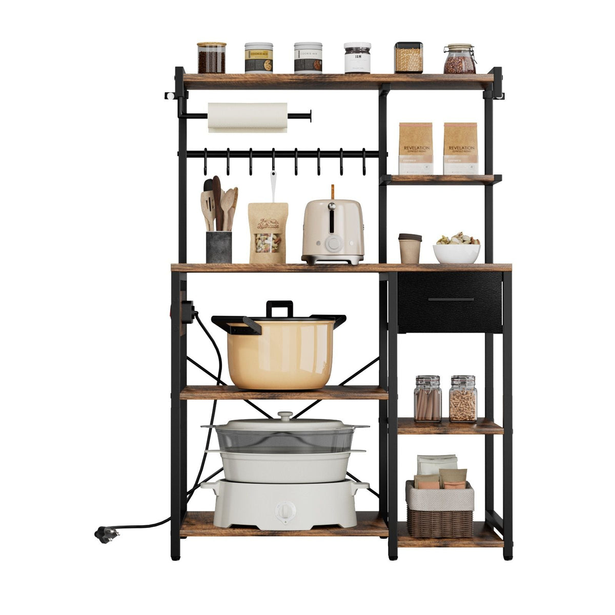 Kitchen Bakers Rack, 4.6ft Power Cable Bakers Rack with Power Outlet, Kitchen Stand with X-Shaped Support Bar, 8 S-Shaped Hooks, Coffee Bar Stand for Dishes, Spice Bottles, Built-In Power Strip
