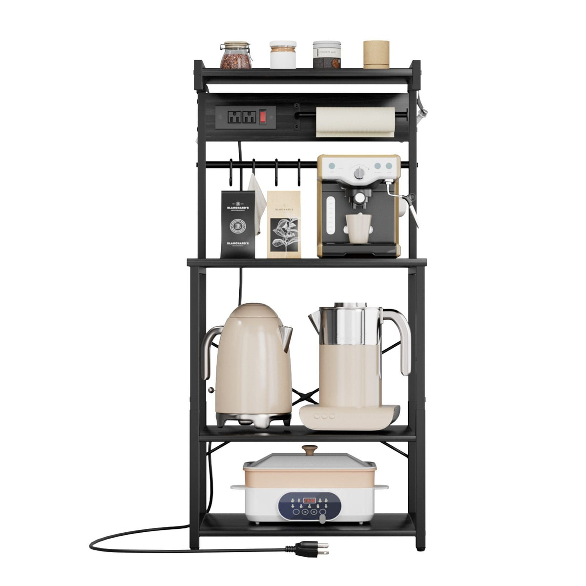 Kitchen Bakers Rack, 4.6ft Power Cable Bakers Rack with Power Outlet, Kitchen Stand with X-Shaped Support Bar, 8 S-Shaped Hooks, Coffee Bar Stand for Dishes, Spice Bottles, Built-In Power Strip