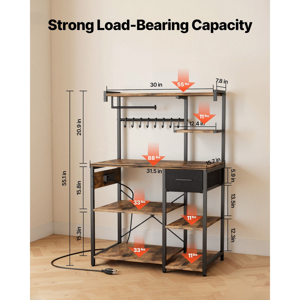 Kitchen Bakers Rack, 4.6ft Power Cable Bakers Rack with Power Outlet, Kitchen Stand with X-Shaped Support Bar, 8 S-Shaped Hooks, Coffee Bar Stand for Dishes, Spice Bottles, Built-In Power Strip