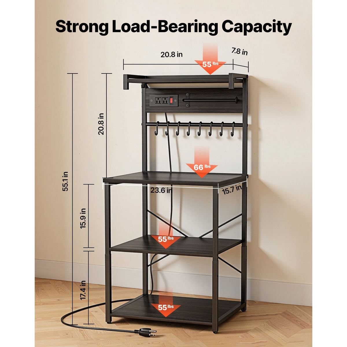 Kitchen Bakers Rack, 4.6ft Power Cable Bakers Rack with Power Outlet, Kitchen Stand with X-Shaped Support Bar, 8 S-Shaped Hooks, Coffee Bar Stand for Dishes, Spice Bottles, Built-In Power Strip