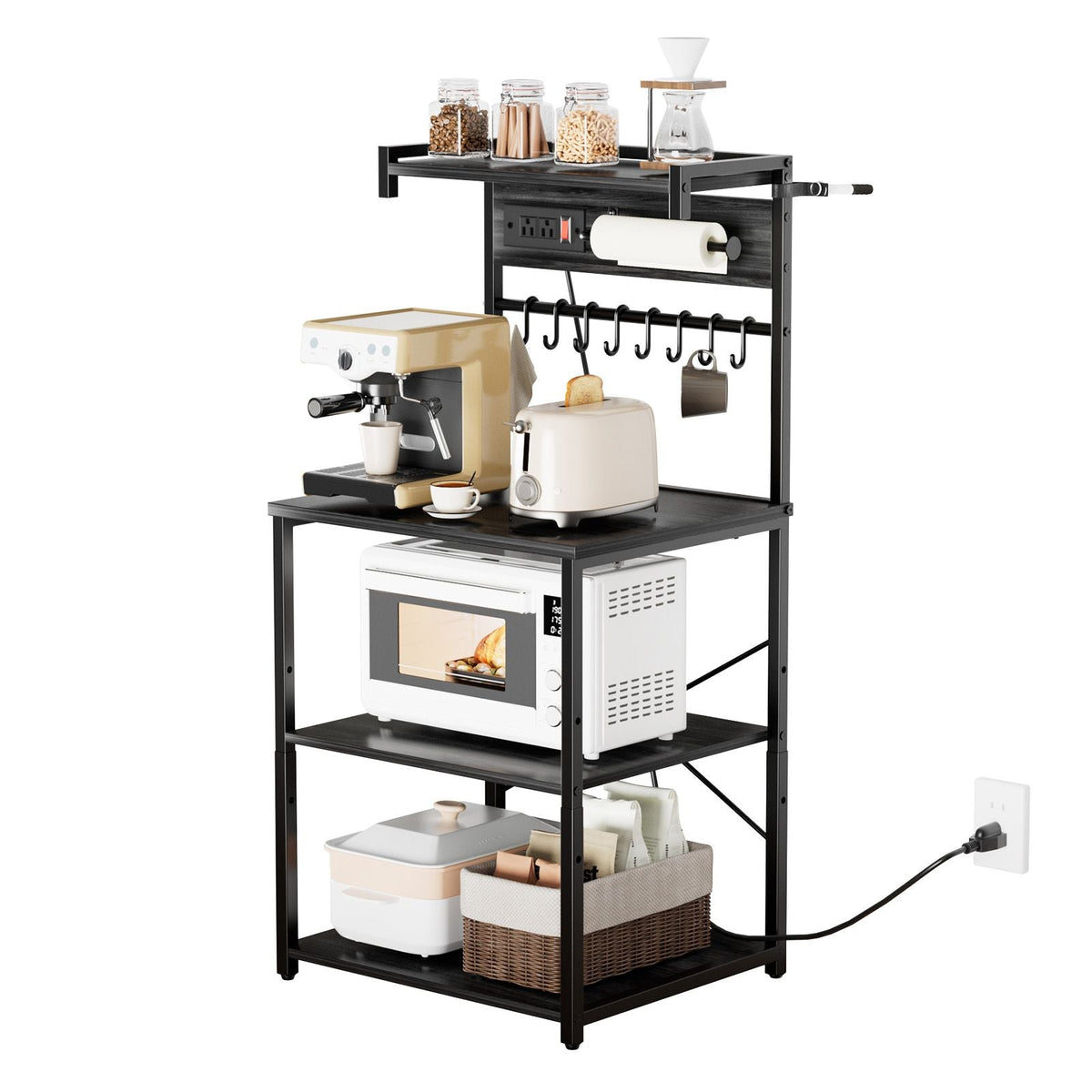 Kitchen Bakers Rack, 4.6ft Power Cable Bakers Rack with Power Outlet, Kitchen Stand with X-Shaped Support Bar, 8 S-Shaped Hooks, Coffee Bar Stand for Dishes, Spice Bottles, Built-In Power Strip