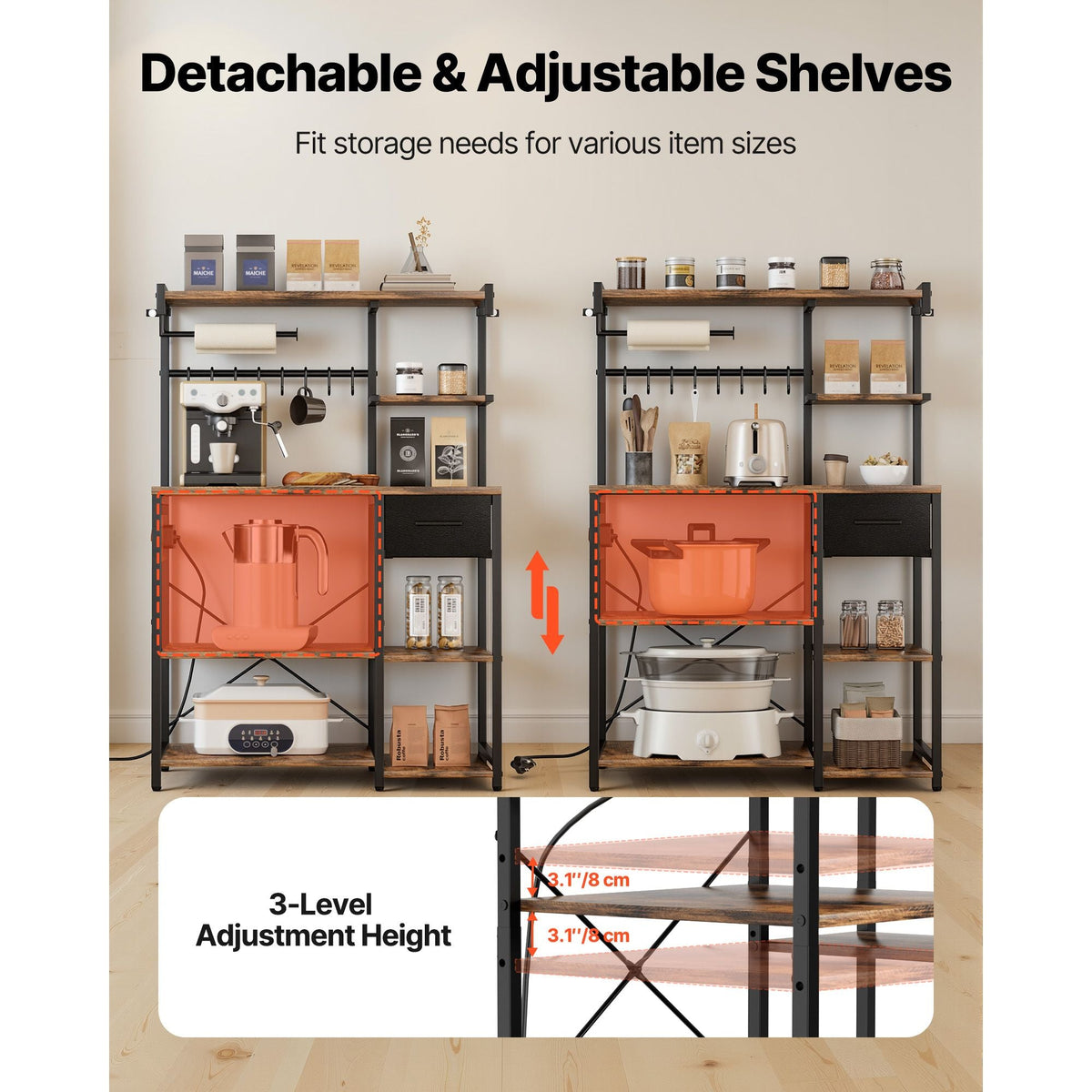 Kitchen Bakers Rack, 4.6ft Power Cable Bakers Rack with Power Outlet, Kitchen Stand with X-Shaped Support Bar, 8 S-Shaped Hooks, Coffee Bar Stand for Dishes, Spice Bottles, Built-In Power Strip