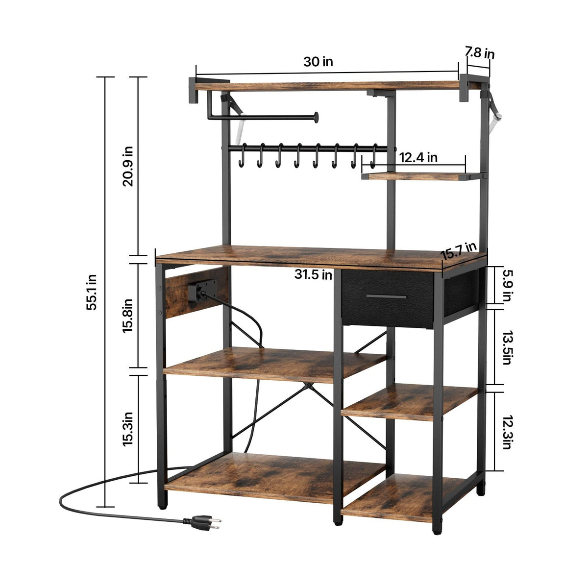 Kitchen Bakers Rack, 4.6ft Power Cable Bakers Rack with Power Outlet, Kitchen Stand with X-Shaped Support Bar, 8 S-Shaped Hooks, Coffee Bar Stand for Dishes, Spice Bottles, Built-In Power Strip