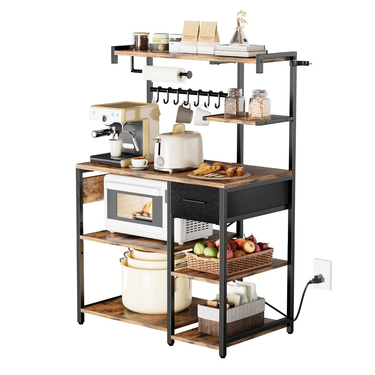 Kitchen Bakers Rack, 4.6ft Power Cable Bakers Rack with Power Outlet, Kitchen Stand with X-Shaped Support Bar, 8 S-Shaped Hooks, Coffee Bar Stand for Dishes, Spice Bottles, Built-In Power Strip