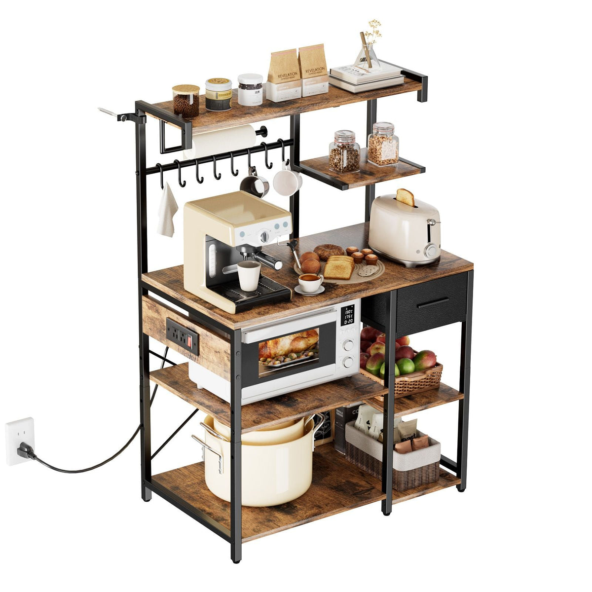 Kitchen Bakers Rack, 4.6ft Power Cable Bakers Rack with Power Outlet, Kitchen Stand with X-Shaped Support Bar, 8 S-Shaped Hooks, Coffee Bar Stand for Dishes, Spice Bottles, Built-In Power Strip