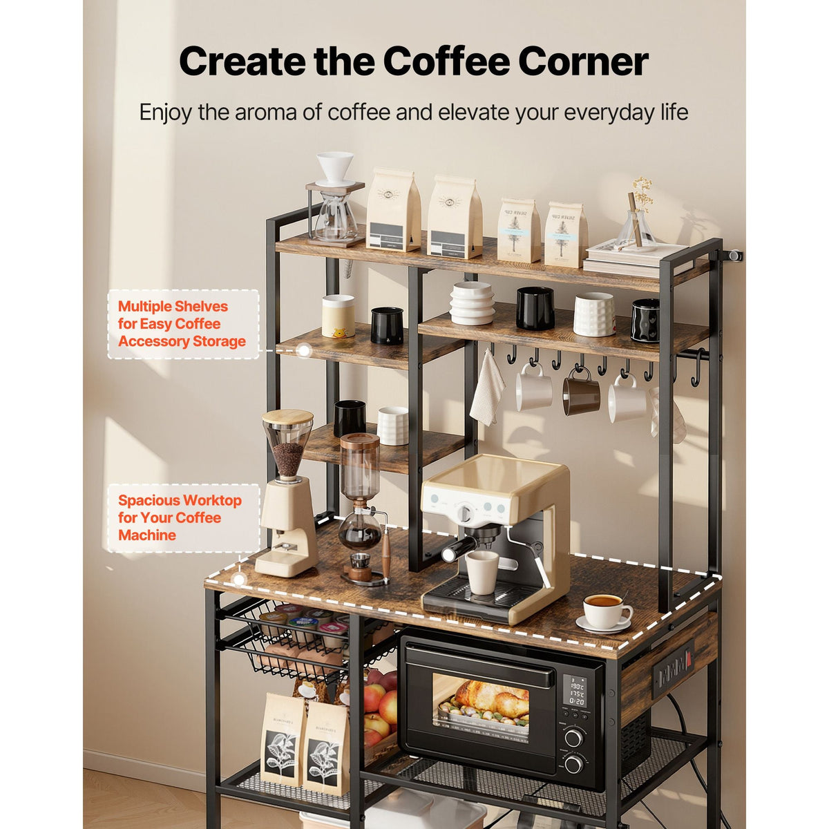 Kitchen Bakers Rack, 5 ft Power Cable Bakers Rack with Power Outlet, Kitchen Stand with X-Shaped Support Bar, 10 S-Shaped Hooks, Coffee Bar Stand for Dishes, Spice Bottles, Built-In Power Strip