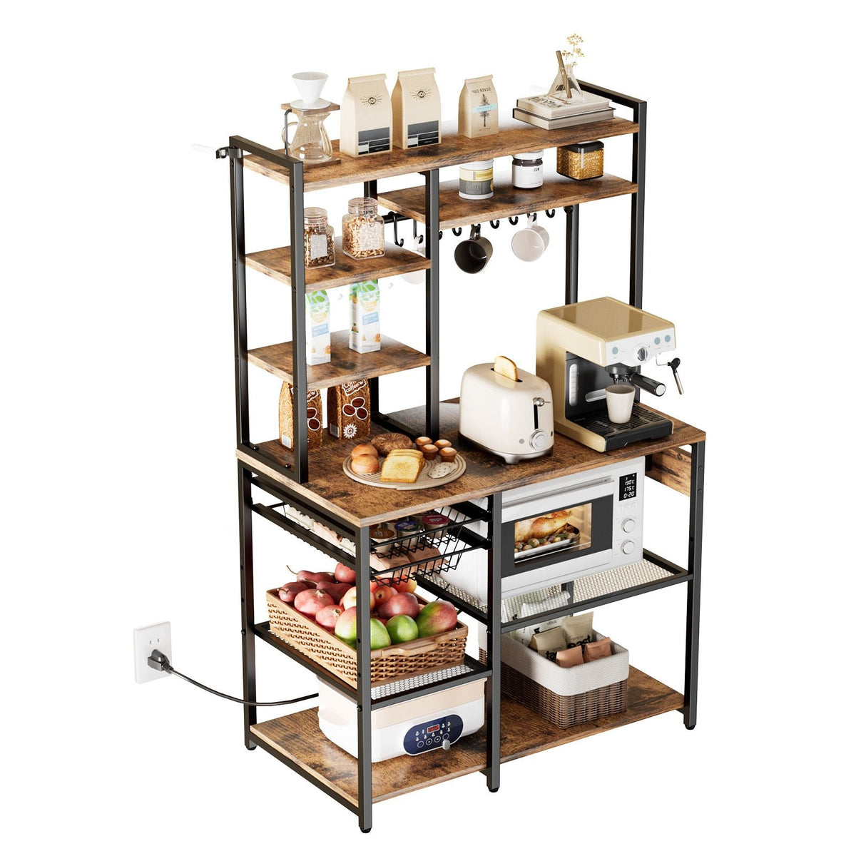 Kitchen Bakers Rack, 5 ft Power Cable Bakers Rack with Power Outlet, Kitchen Stand with X-Shaped Support Bar, 10 S-Shaped Hooks, Coffee Bar Stand for Dishes, Spice Bottles, Built-In Power Strip