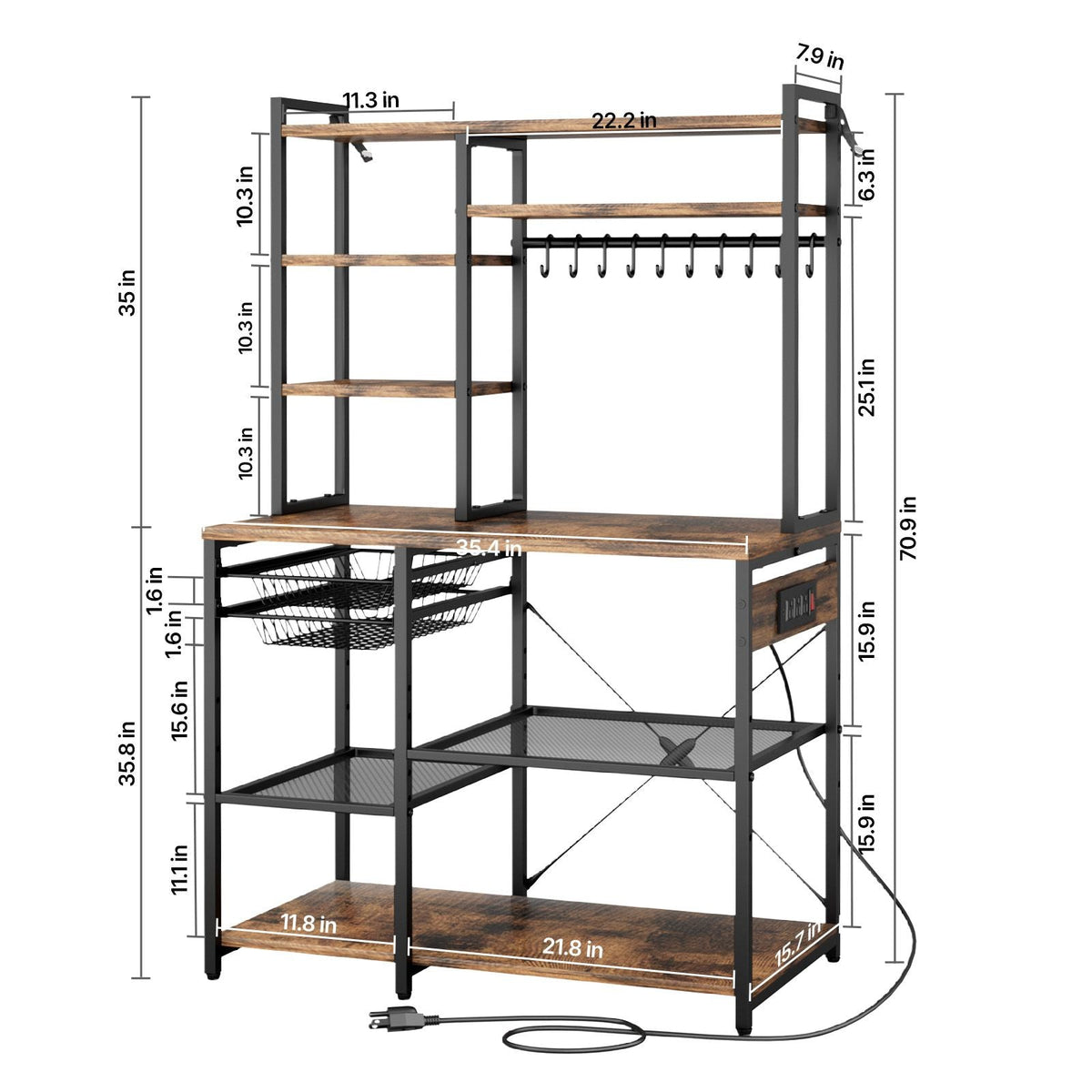 Kitchen Bakers Rack, 5 ft Power Cable Bakers Rack with Power Outlet, Kitchen Stand with X-Shaped Support Bar, 10 S-Shaped Hooks, Coffee Bar Stand for Dishes, Spice Bottles, Built-In Power Strip