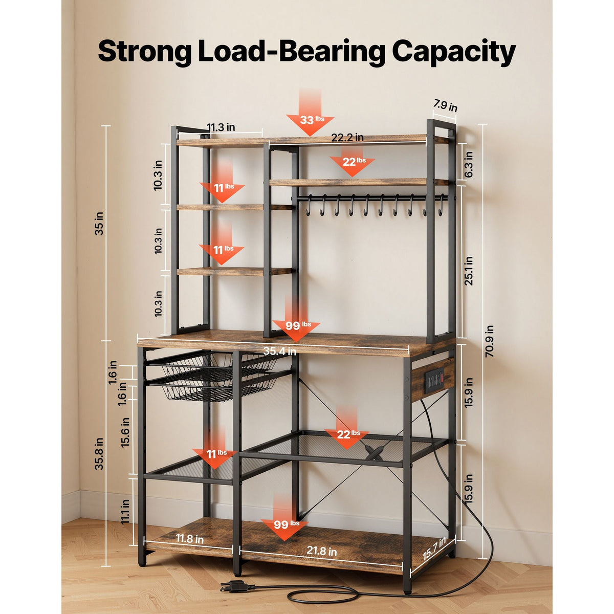 Kitchen Bakers Rack, 5 ft Power Cable Bakers Rack with Power Outlet, Kitchen Stand with X-Shaped Support Bar, 10 S-Shaped Hooks, Coffee Bar Stand for Dishes, Spice Bottles, Built-In Power Strip