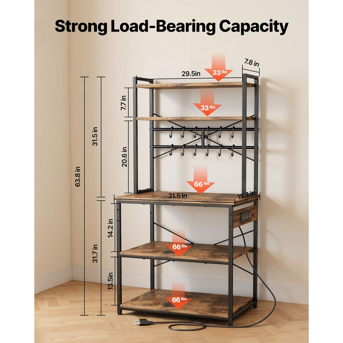Kitchen Bakers Rack, 5 ft Power Cable Bakers Rack with Power Outlet, Kitchen Stand with X-Shaped Support Bar, 12 S-Shaped Hooks, Coffee Bar Stand for Dishes, Spice Bottles, Built-In Power Strip