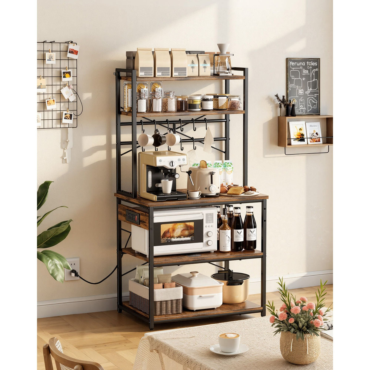 Kitchen Bakers Rack, 5 ft Power Cable Bakers Rack with Power Outlet, Kitchen Stand with X-Shaped Support Bar, 12 S-Shaped Hooks, Coffee Bar Stand for Dishes, Spice Bottles, Built-In Power Strip
