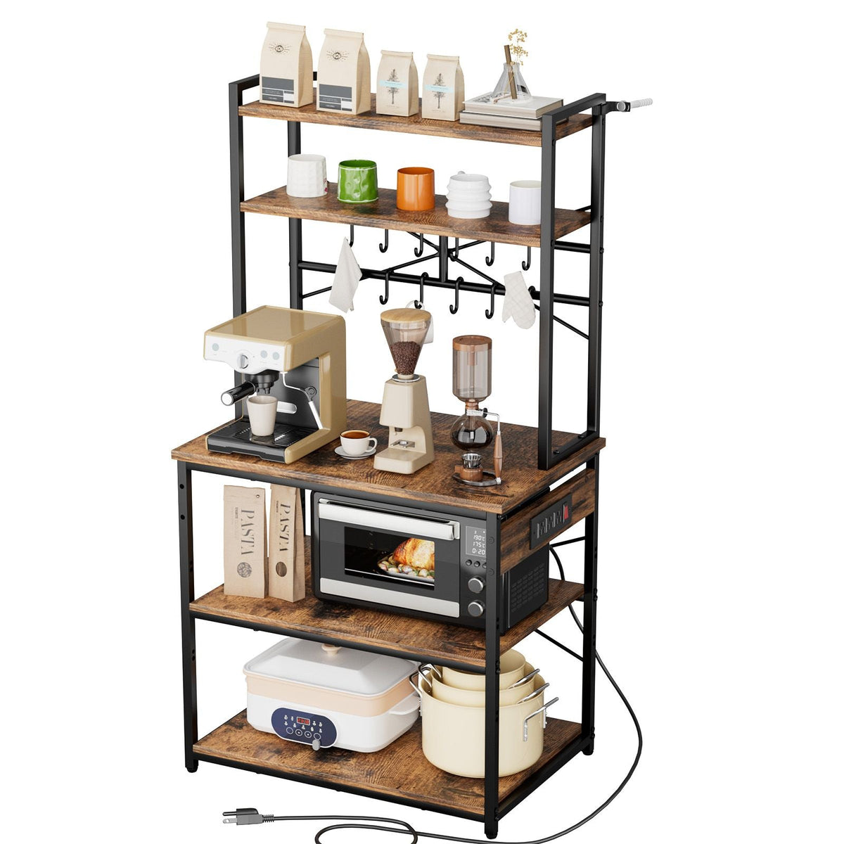 Kitchen Bakers Rack, 5 ft Power Cable Bakers Rack with Power Outlet, Kitchen Stand with X-Shaped Support Bar, 12 S-Shaped Hooks, Coffee Bar Stand for Dishes, Spice Bottles, Built-In Power Strip