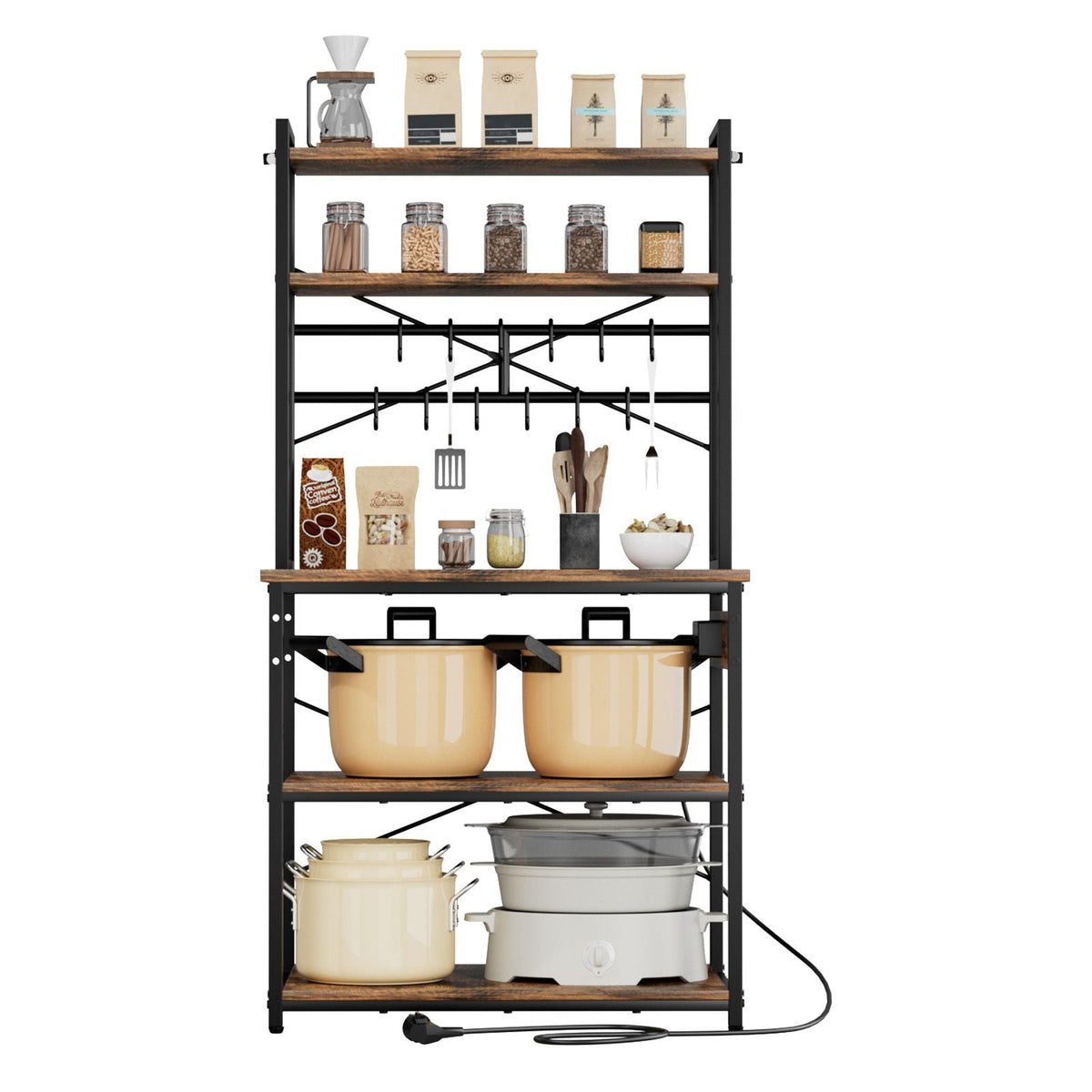 Kitchen Bakers Rack, 5 ft Power Cable Bakers Rack with Power Outlet, Kitchen Stand with X-Shaped Support Bar, 12 S-Shaped Hooks, Coffee Bar Stand for Dishes, Spice Bottles, Built-In Power Strip