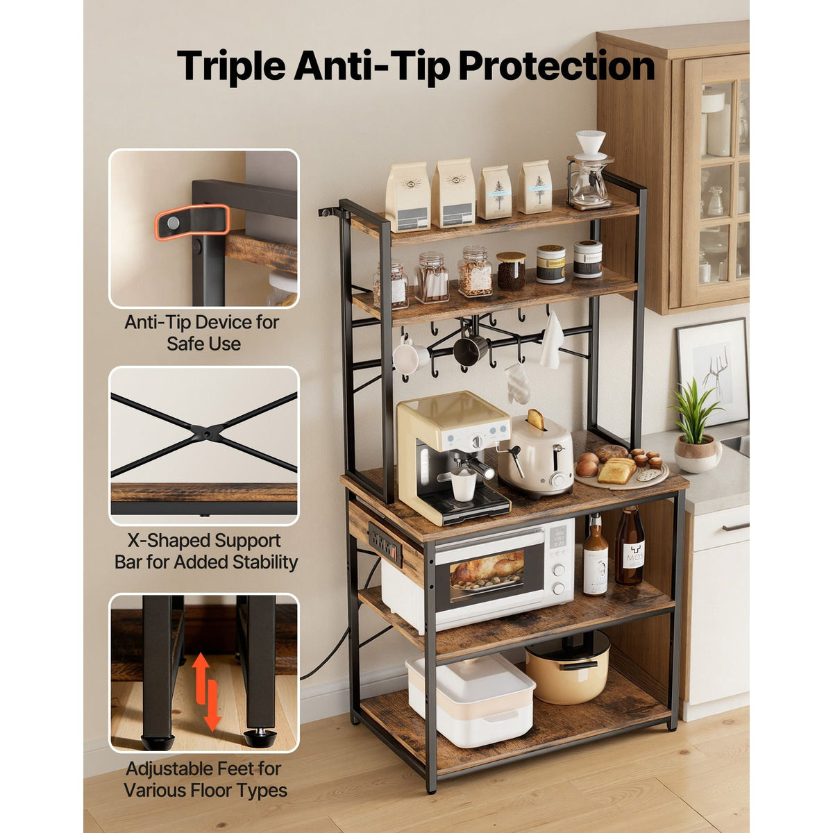 Kitchen Bakers Rack, 5 ft Power Cable Bakers Rack with Power Outlet, Kitchen Stand with X-Shaped Support Bar, 12 S-Shaped Hooks, Coffee Bar Stand for Dishes, Spice Bottles, Built-In Power Strip