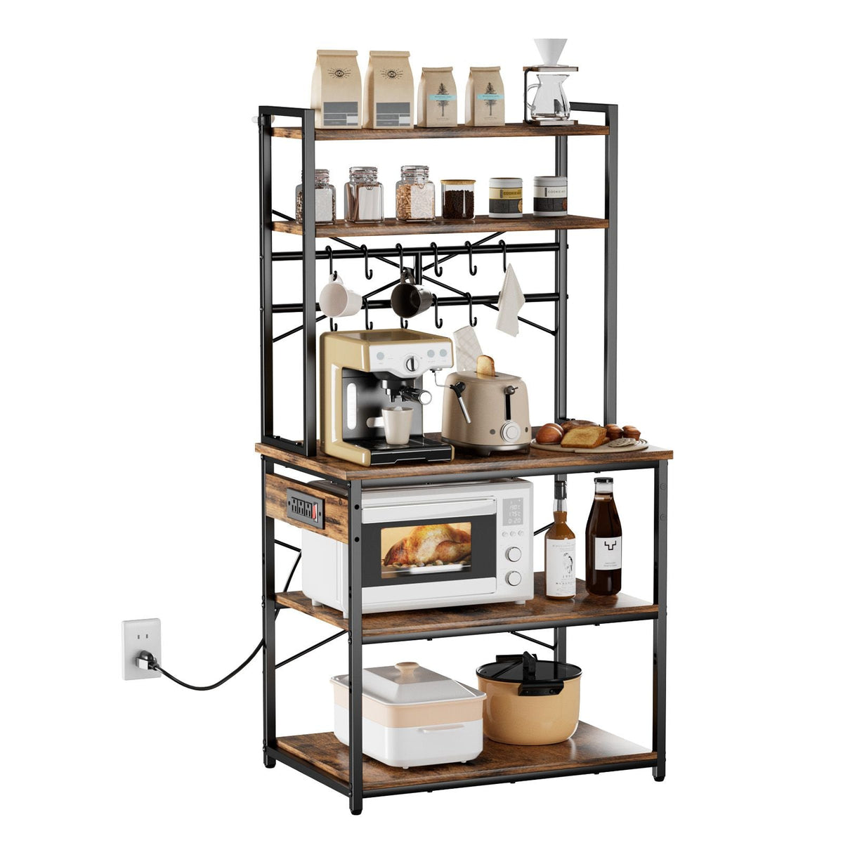 Kitchen Bakers Rack, 5 ft Power Cable Bakers Rack with Power Outlet, Kitchen Stand with X-Shaped Support Bar, 12 S-Shaped Hooks, Coffee Bar Stand for Dishes, Spice Bottles, Built-In Power Strip