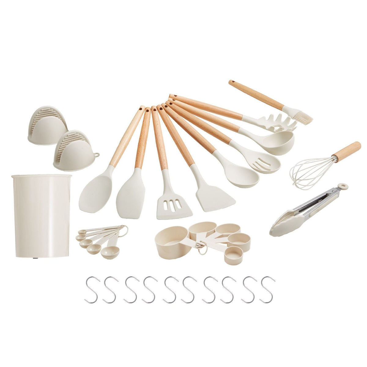 Kitchen Cooking Utensils Set, 34 PCS Silicone Spatula Set with Holder, 428 Fahrenheit Heat Resistant Gadget Spoons Tools, Wooden Handle, Silicone Gadgets Cookware, White