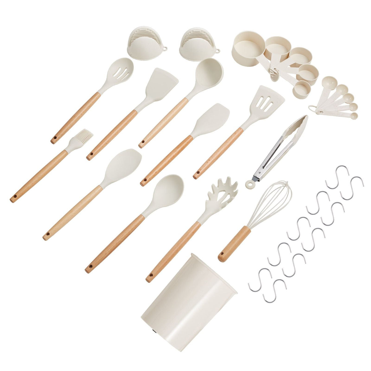 Kitchen Cooking Utensils Set, 34 PCS Silicone Spatula Set with Holder, 428 Fahrenheit Heat Resistant Gadget Spoons Tools, Wooden Handle, Silicone Gadgets Cookware, White