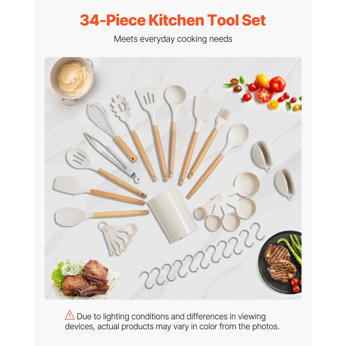 Kitchen Cooking Utensils Set, 34 PCS Silicone Spatula Set with Holder, 428 Fahrenheit Heat Resistant Gadget Spoons Tools, Wooden Handle, Silicone Gadgets Cookware, White