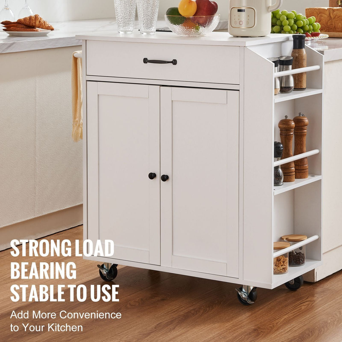 Kitchen Island Cart, 32" Mobile Carts with Storage Cabinet, Rolling Table with Power Outlet, Spice Rack, Towel Bar, Adjustable Shelf, Drawer, Dining Living Room Portable Islands on Wheels, White
