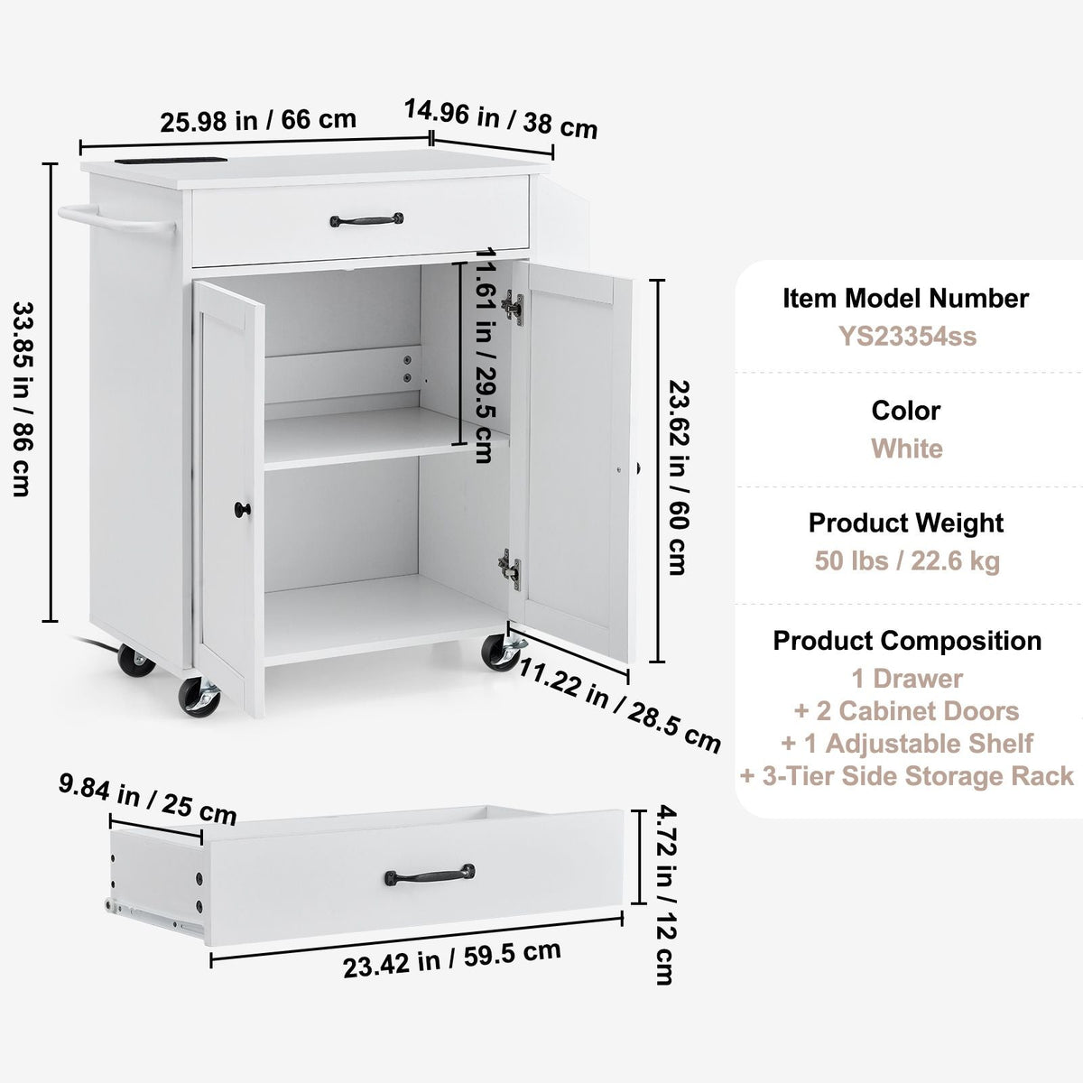 Kitchen Island Cart, 32" Mobile Carts with Storage Cabinet, Rolling Table with Power Outlet, Spice Rack, Towel Bar, Adjustable Shelf, Drawer, Dining Living Room Portable Islands on Wheels, White