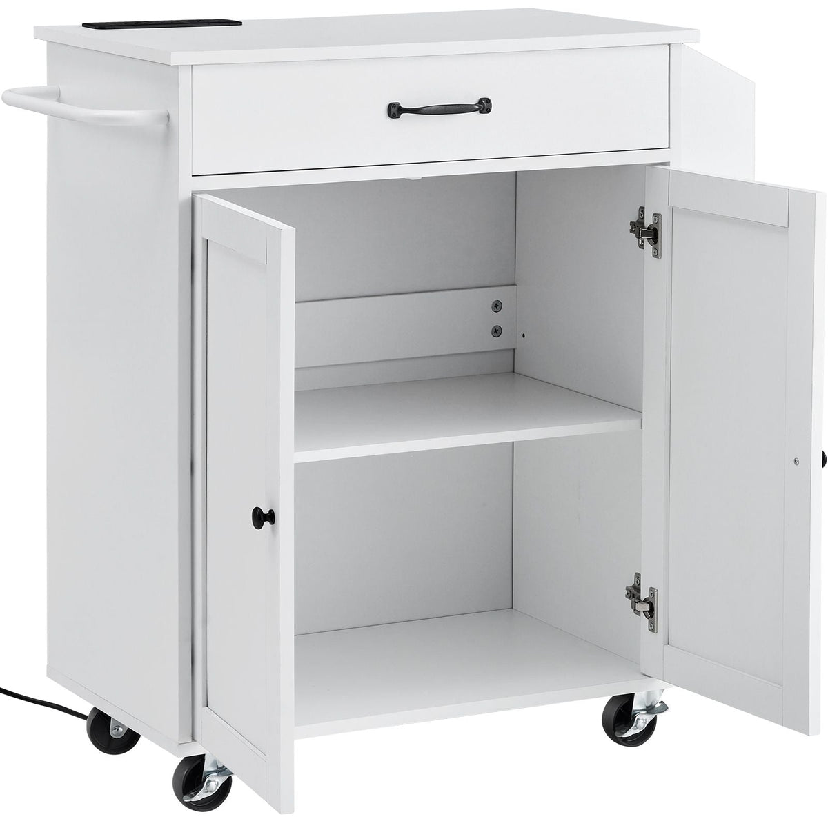 Kitchen Island Cart, 32" Mobile Carts with Storage Cabinet, Rolling Table with Power Outlet, Spice Rack, Towel Bar, Adjustable Shelf, Drawer, Dining Living Room Portable Islands on Wheels, White