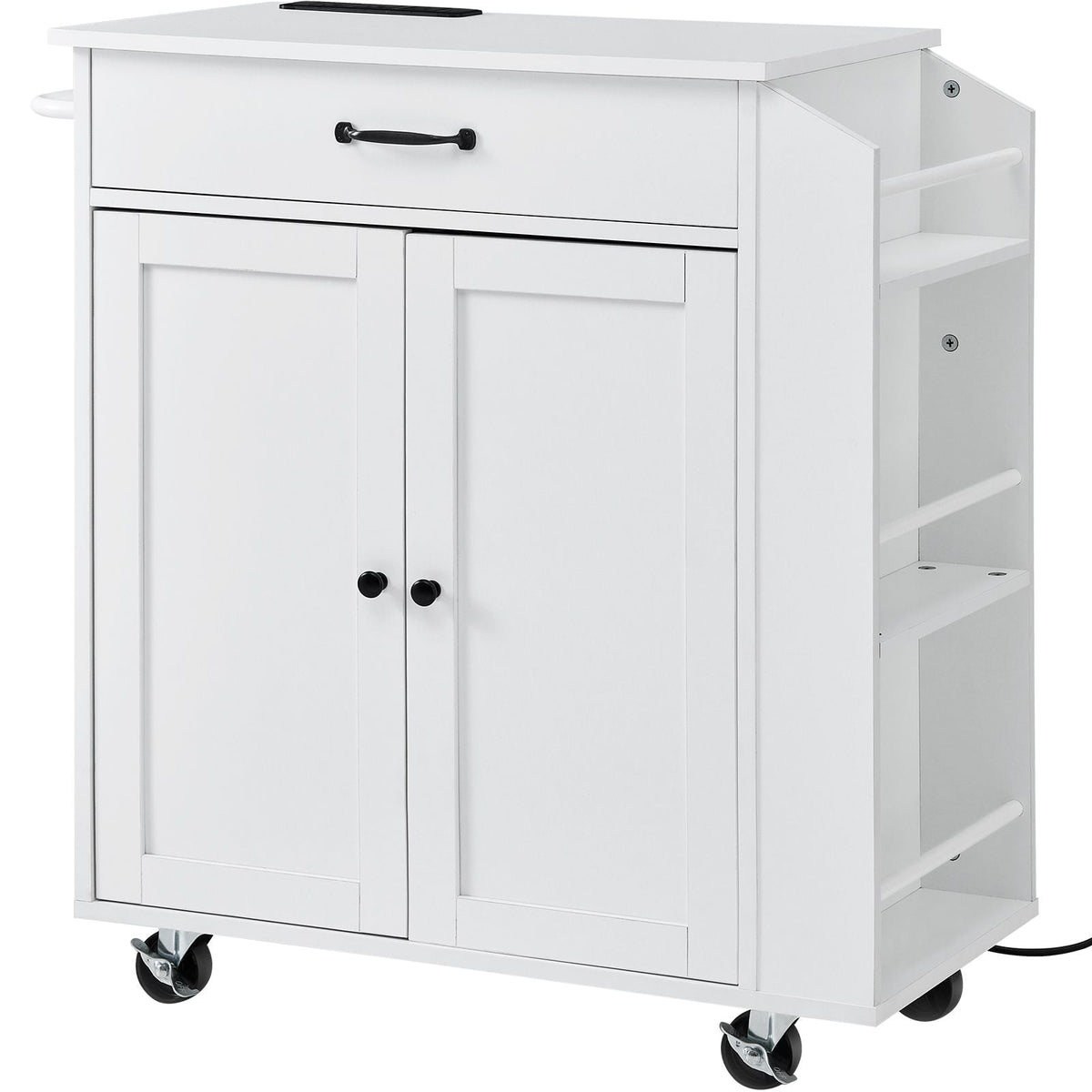 Kitchen Island Cart, 32" Mobile Carts with Storage Cabinet, Rolling Table with Power Outlet, Spice Rack, Towel Bar, Adjustable Shelf, Drawer, Dining Living Room Portable Islands on Wheels, White