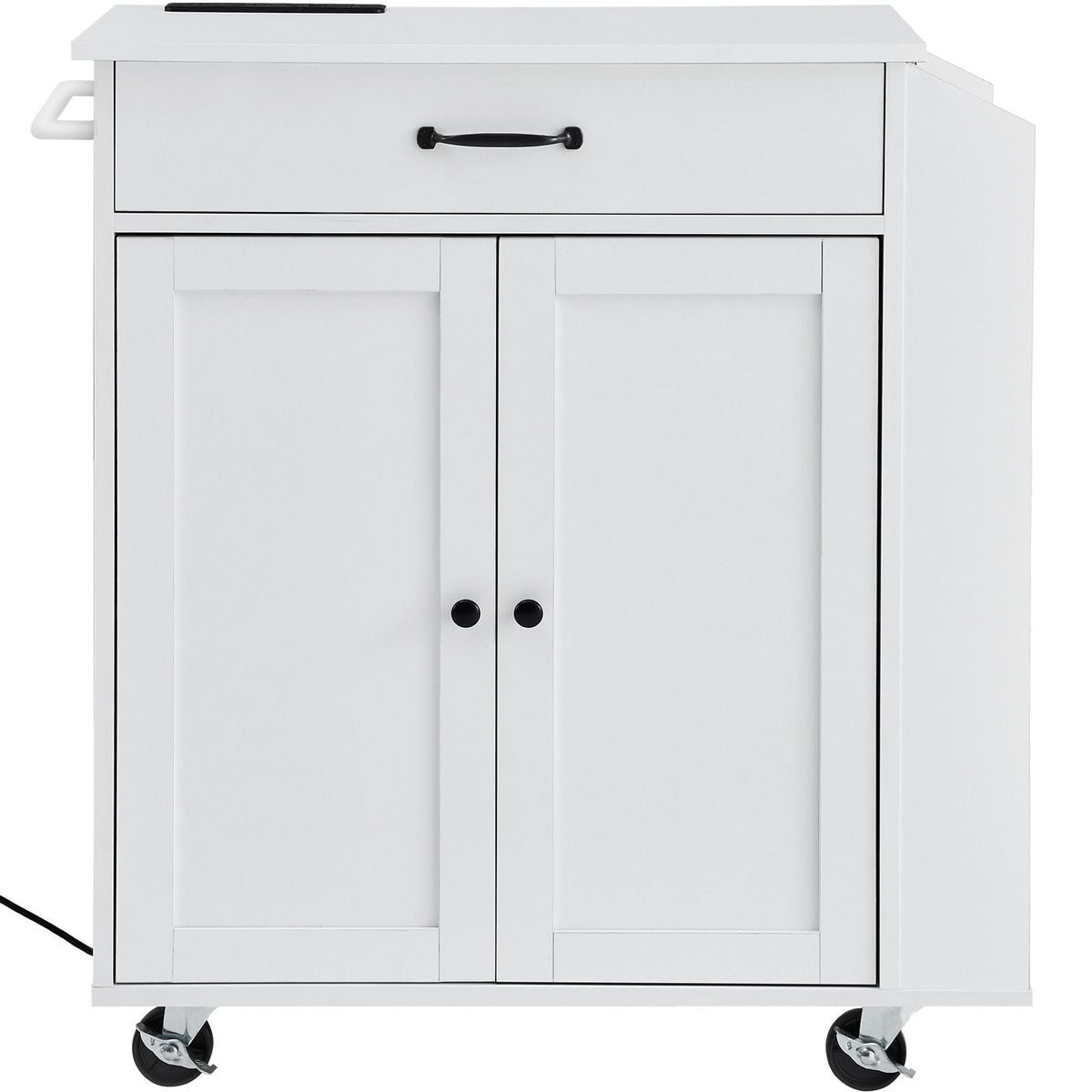Kitchen Island Cart, 32" Mobile Carts with Storage Cabinet, Rolling Table with Power Outlet, Spice Rack, Towel Bar, Adjustable Shelf, Drawer, Dining Living Room Portable Islands on Wheels, White