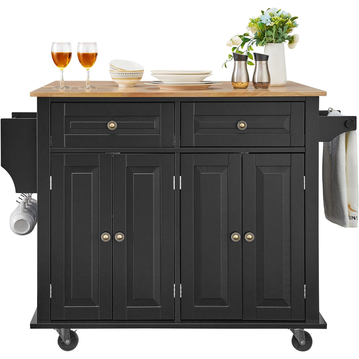 Kitchen Island Cart, 43" Wood Top Mobile Carts with Storage Cabinet, Rolling Table with Drop Leaf, Spice Rack, Towel Bar, Adjustable Shelf, Drawer, and Hooks, Portable Islands on Wheels, Black