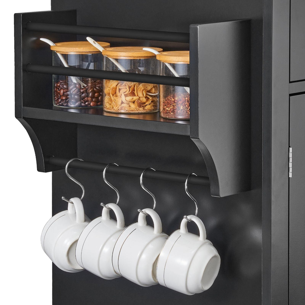 Kitchen Island Cart, 43" Wood Top Mobile Carts with Storage Cabinet, Rolling Table with Drop Leaf, Spice Rack, Towel Bar, Adjustable Shelf, Drawer, and Hooks, Portable Islands on Wheels, Black
