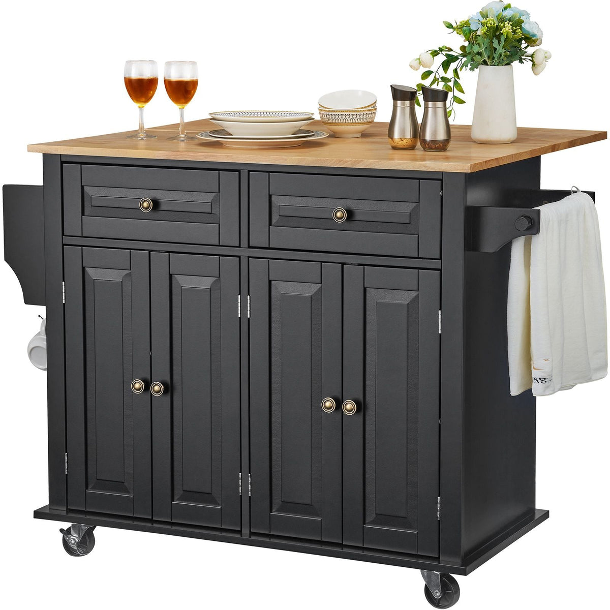 Kitchen Island Cart, 43" Wood Top Mobile Carts with Storage Cabinet, Rolling Table with Drop Leaf, Spice Rack, Towel Bar, Adjustable Shelf, Drawer, and Hooks, Portable Islands on Wheels, Black
