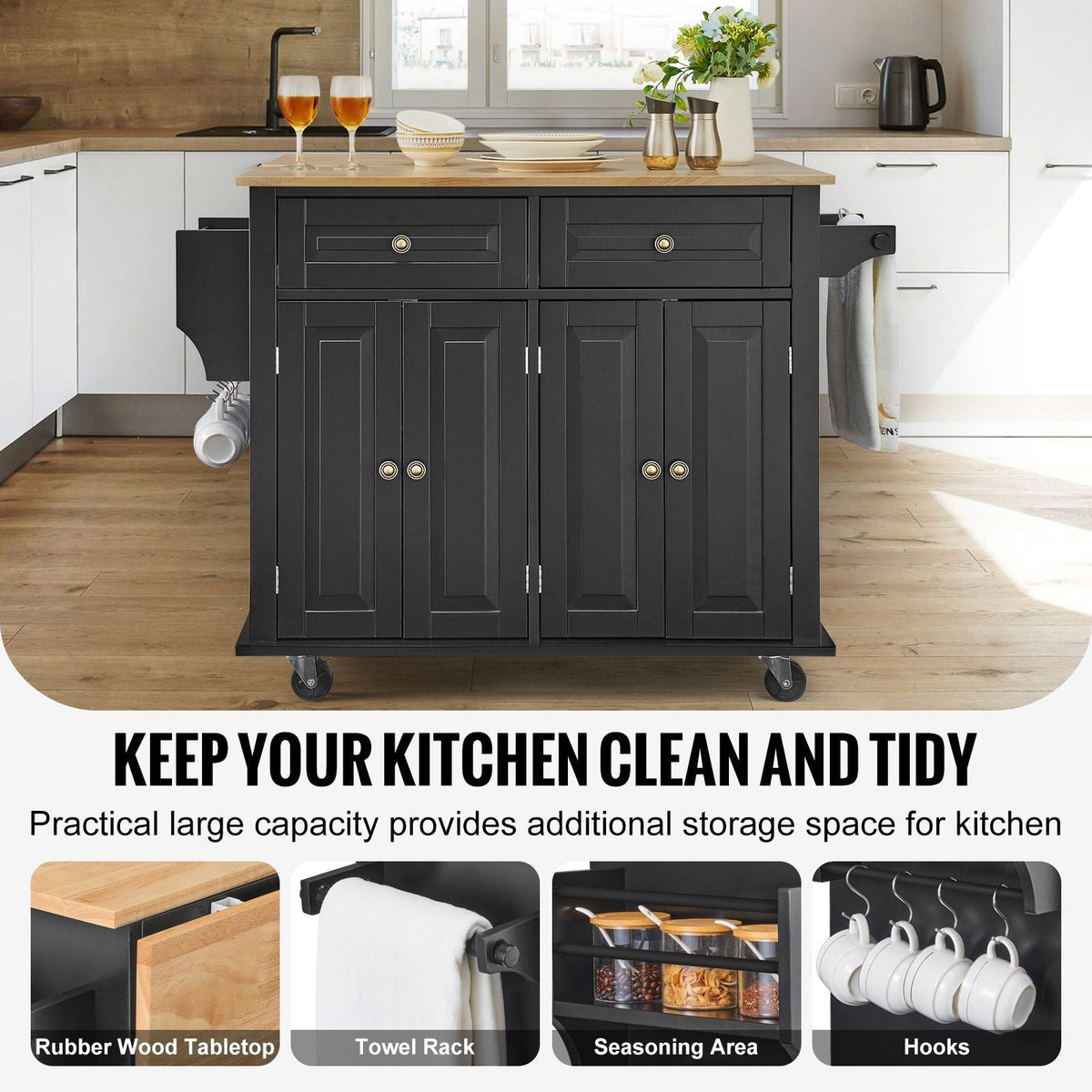 Kitchen Island Cart, 43" Wood Top Mobile Carts with Storage Cabinet, Rolling Table with Drop Leaf, Spice Rack, Towel Bar, Adjustable Shelf, Drawer, and Hooks, Portable Islands on Wheels, Black