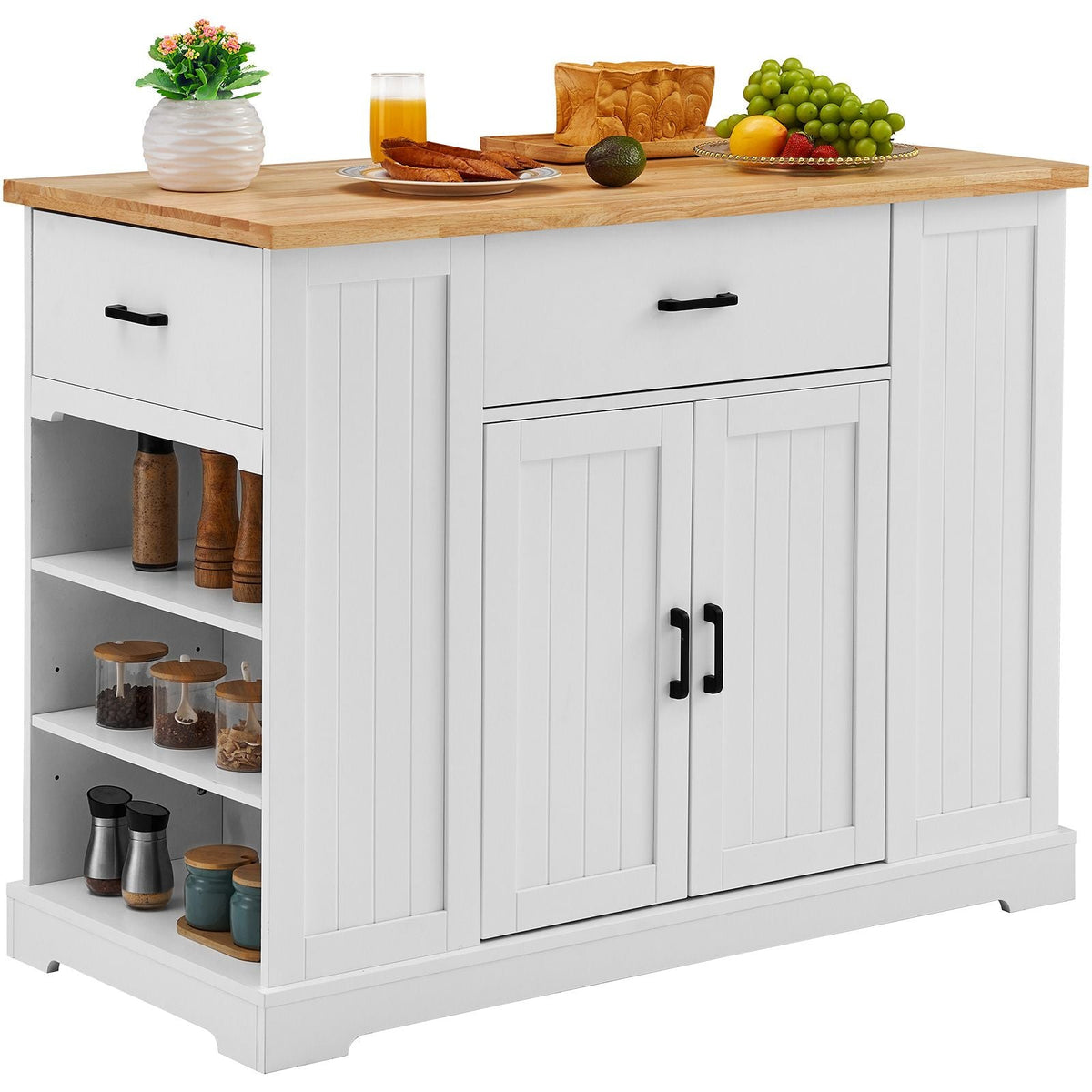 Kitchen Island Cart, 46" Wood Top Breakfast Bar with Storage Cabinet, Farmhouse Kitchen Table with Adjustable Shelf, Drawer, for Dining Kitchen Living Room, White
