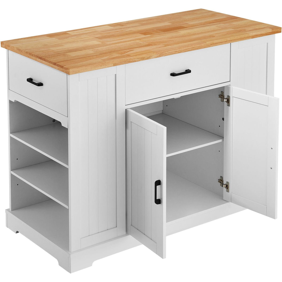 Kitchen Island Cart, 46" Wood Top Breakfast Bar with Storage Cabinet, Farmhouse Kitchen Table with Adjustable Shelf, Drawer, for Dining Kitchen Living Room, White