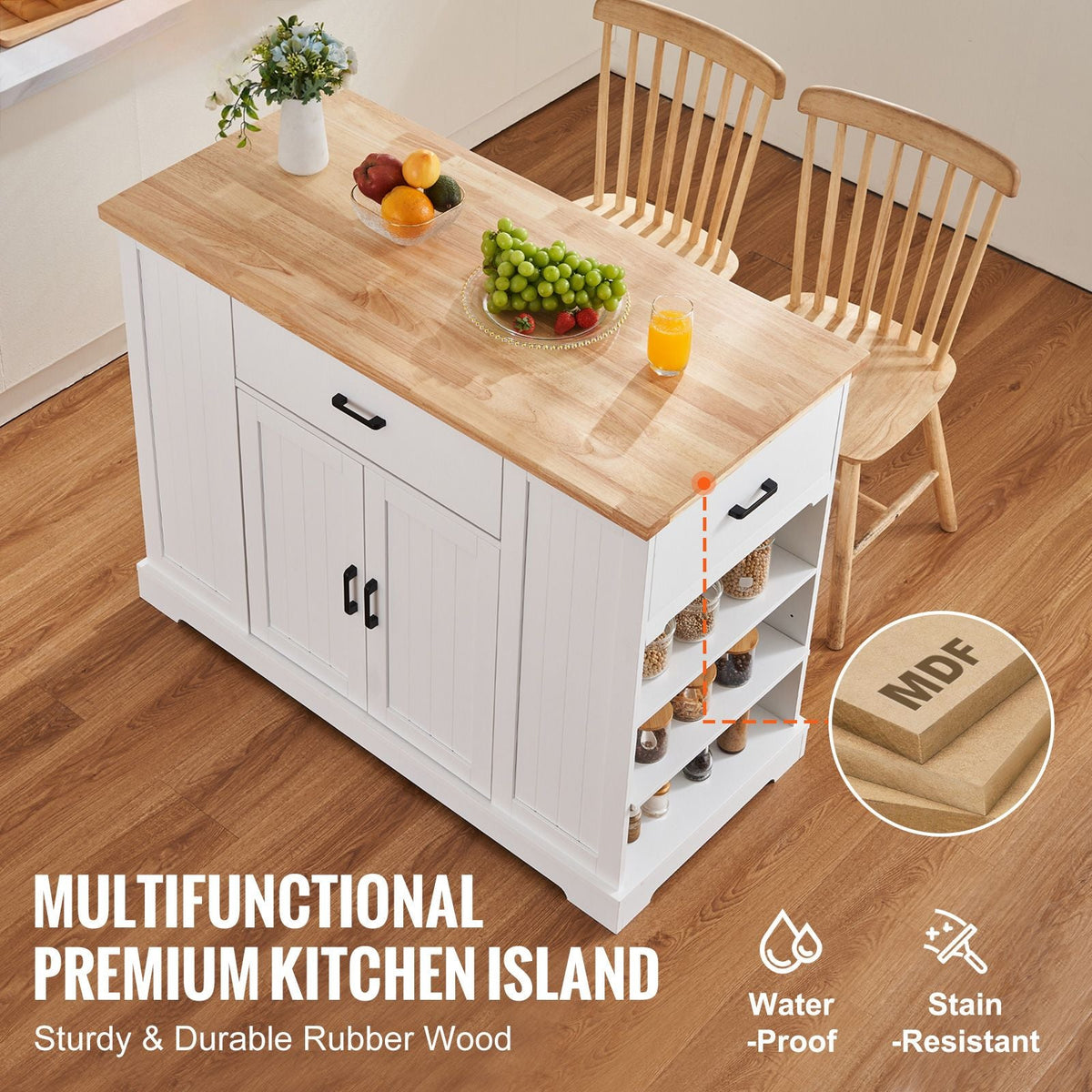 Kitchen Island Cart, 46" Wood Top Breakfast Bar with Storage Cabinet, Farmhouse Kitchen Table with Adjustable Shelf, Drawer, for Dining Kitchen Living Room, White