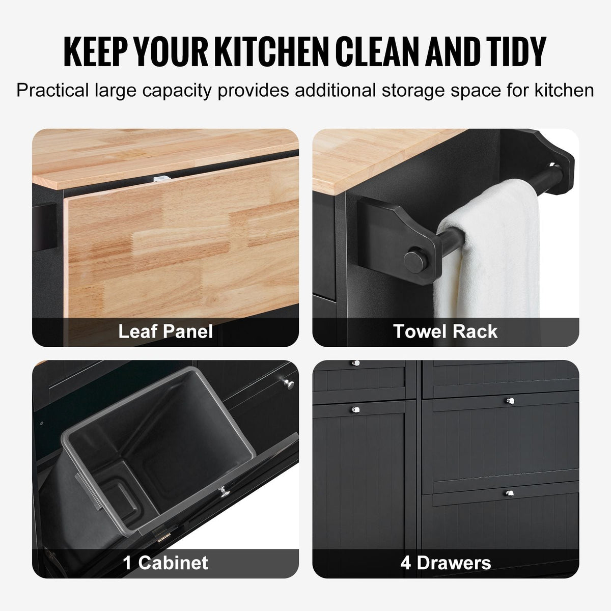 Kitchen Island Cart, 50" Wood Top Breakfast Bar with Trash Cabinet Tilt Out 10 Gallon Storage, Farmhouse Dining Living Room Table with Drop Leaf, Towel Bar, Drawer, Black