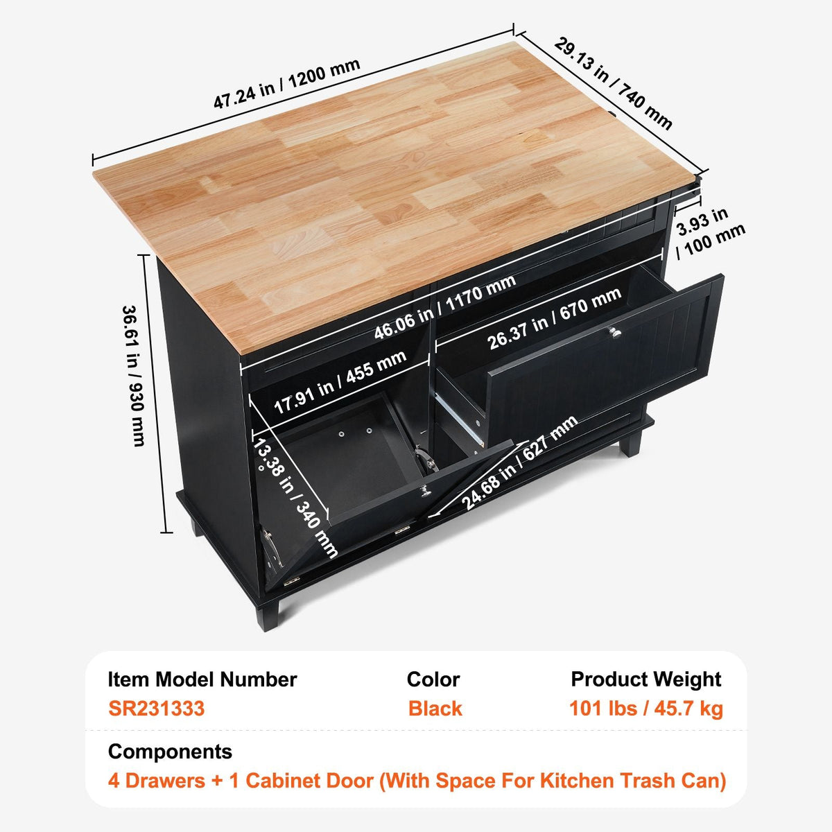 Kitchen Island Cart, 50" Wood Top Breakfast Bar with Trash Cabinet Tilt Out 10 Gallon Storage, Farmhouse Dining Living Room Table with Drop Leaf, Towel Bar, Drawer, Black
