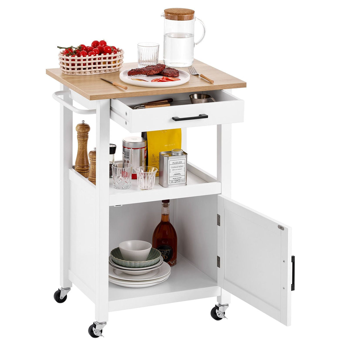 Kitchen Island Cart with Single Door Cabinet, Mobile Carts with Drawer, Towel Rack, Hooks, Portable Table on Swivel Wheels, Small Coffee Islands Microwave Stand for Dining Room, 18x23 in, White