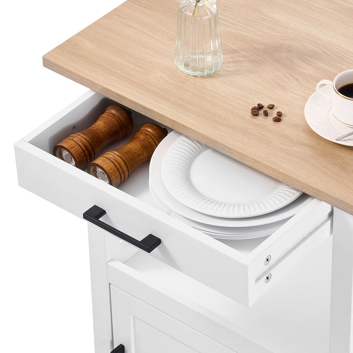 Kitchen Island Cart with Single Door Cabinet, Mobile Carts with Drawer, Towel Rack, Hooks, Portable Table on Swivel Wheels, Small Coffee Islands Microwave Stand for Dining Room, 18x23 in, White