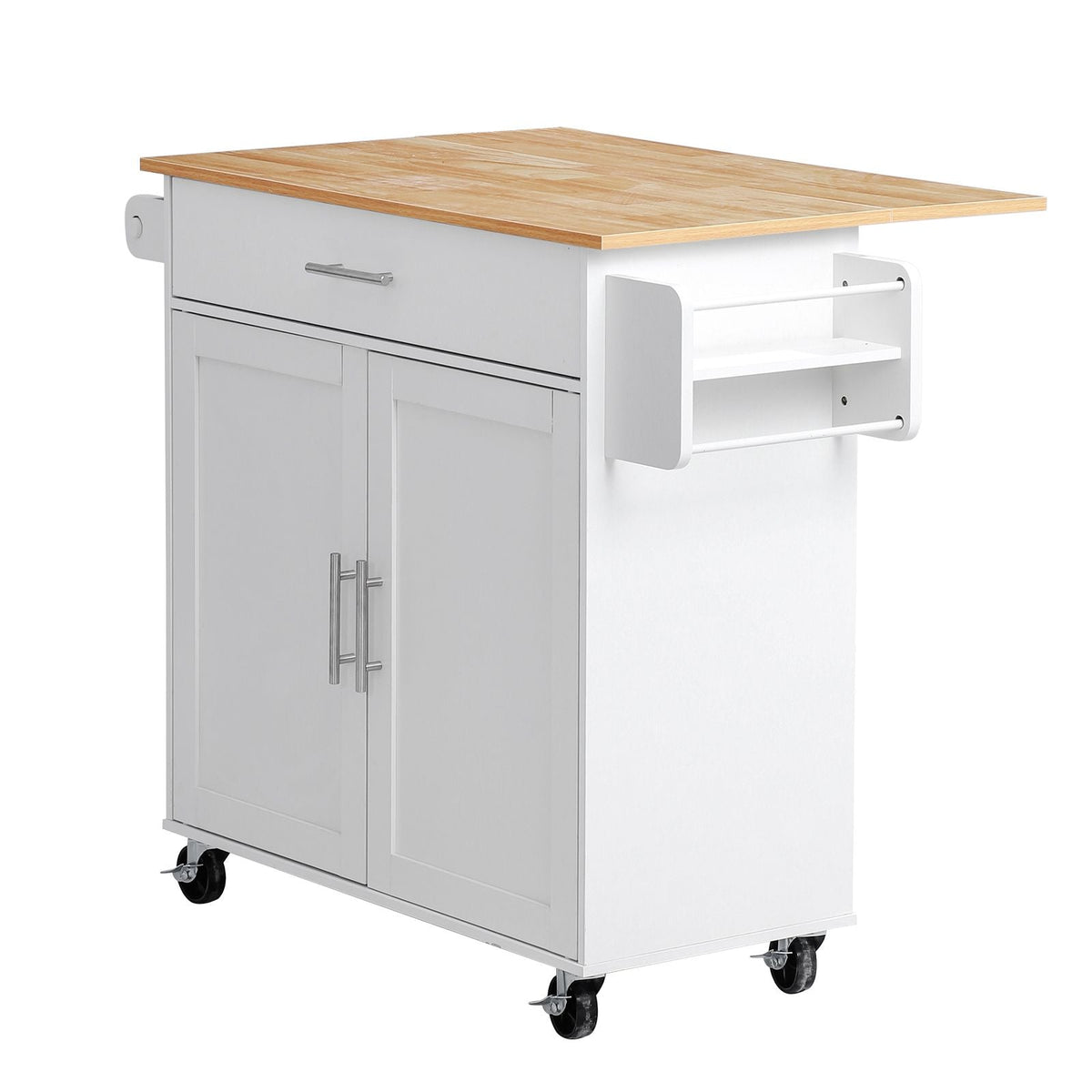 Kitchen Island Cart with Storage, 42.28 in Wide Mobile Rolling Storage Island on Swivel Wheels, with Drawer, Storage Cabinet, Drop Leaf, Spice Rack, Table for Home Dining Room, White