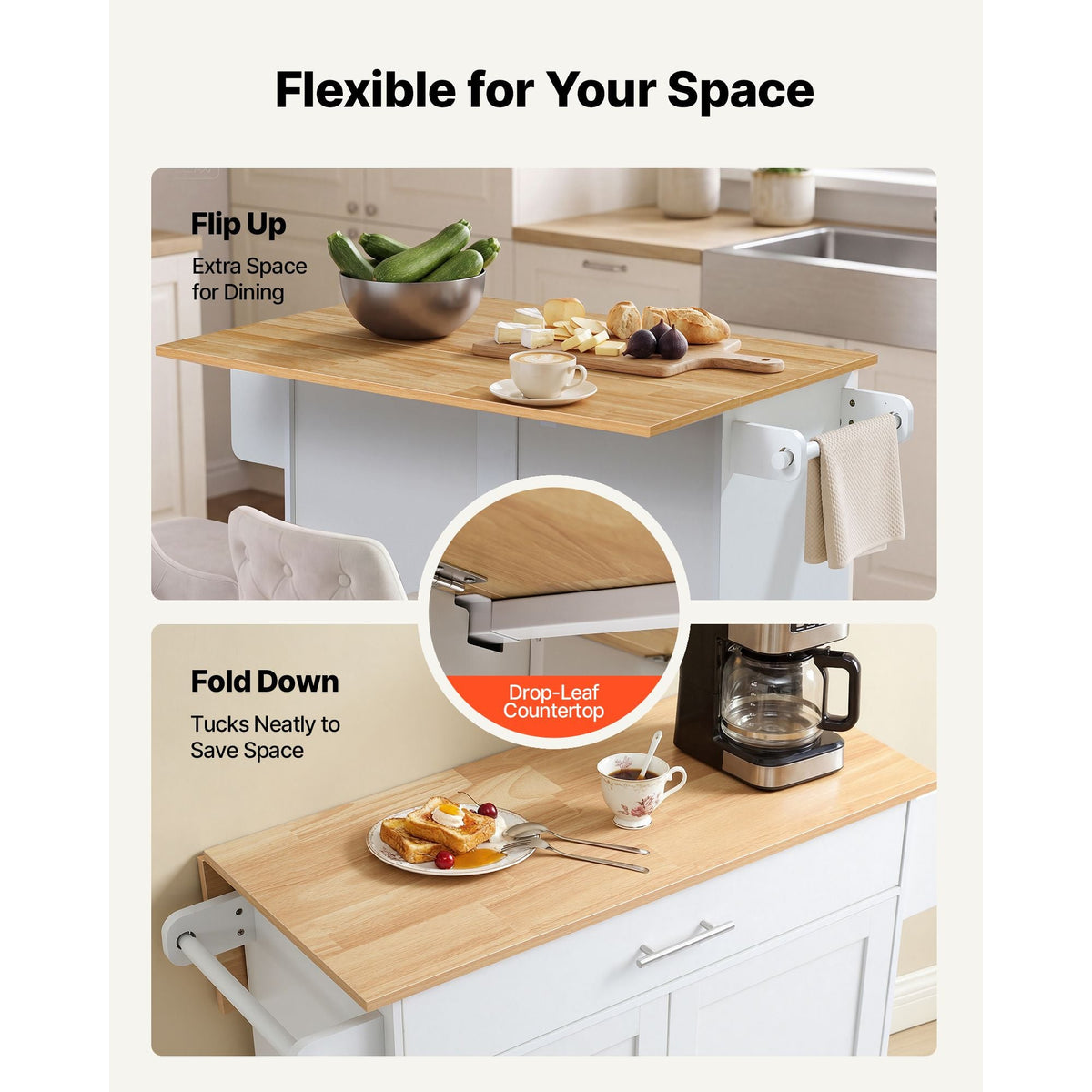 Kitchen Island Cart with Storage, 42.28 in Wide Mobile Rolling Storage Island on Swivel Wheels, with Drawer, Storage Cabinet, Drop Leaf, Spice Rack, Table for Home Dining Room, White