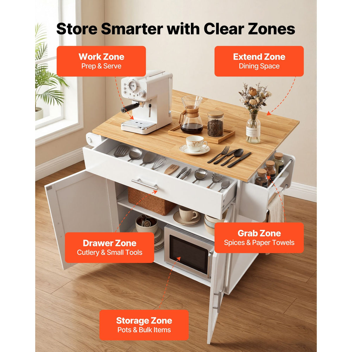 Kitchen Island Cart with Storage, 42.28 in Wide Mobile Rolling Storage Island on Swivel Wheels, with Drawer, Storage Cabinet, Drop Leaf, Spice Rack, Table for Home Dining Room, White