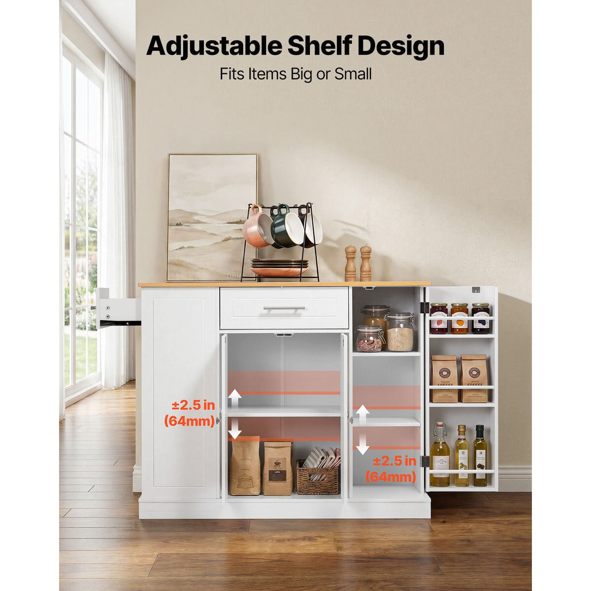 Kitchen Island Cart with Storage, 42.36 in Wide Island Table for Kitchen, with 2 Drawers, Storage Cabinet, Table for Home Dining Room, White
