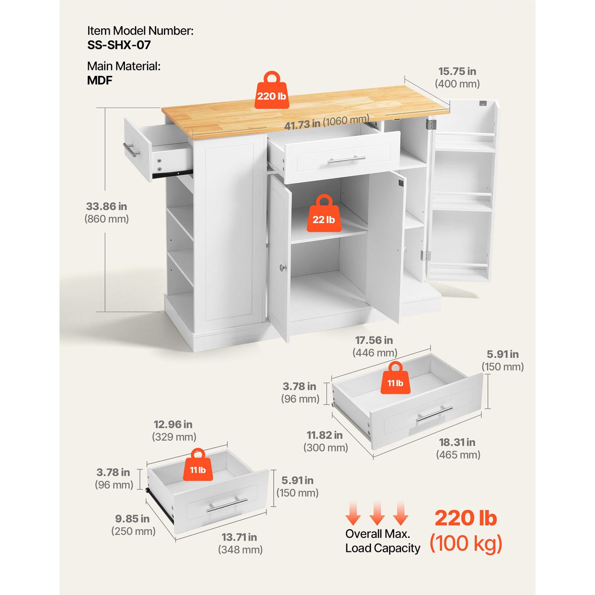 Kitchen Island Cart with Storage, 42.36 in Wide Island Table for Kitchen, with 2 Drawers, Storage Cabinet, Table for Home Dining Room, White