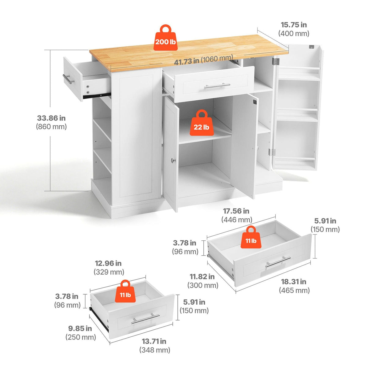 Kitchen Island Cart with Storage, 42.36 in Wide Island Table for Kitchen, with 2 Drawers, Storage Cabinet, Table for Home Dining Room, White