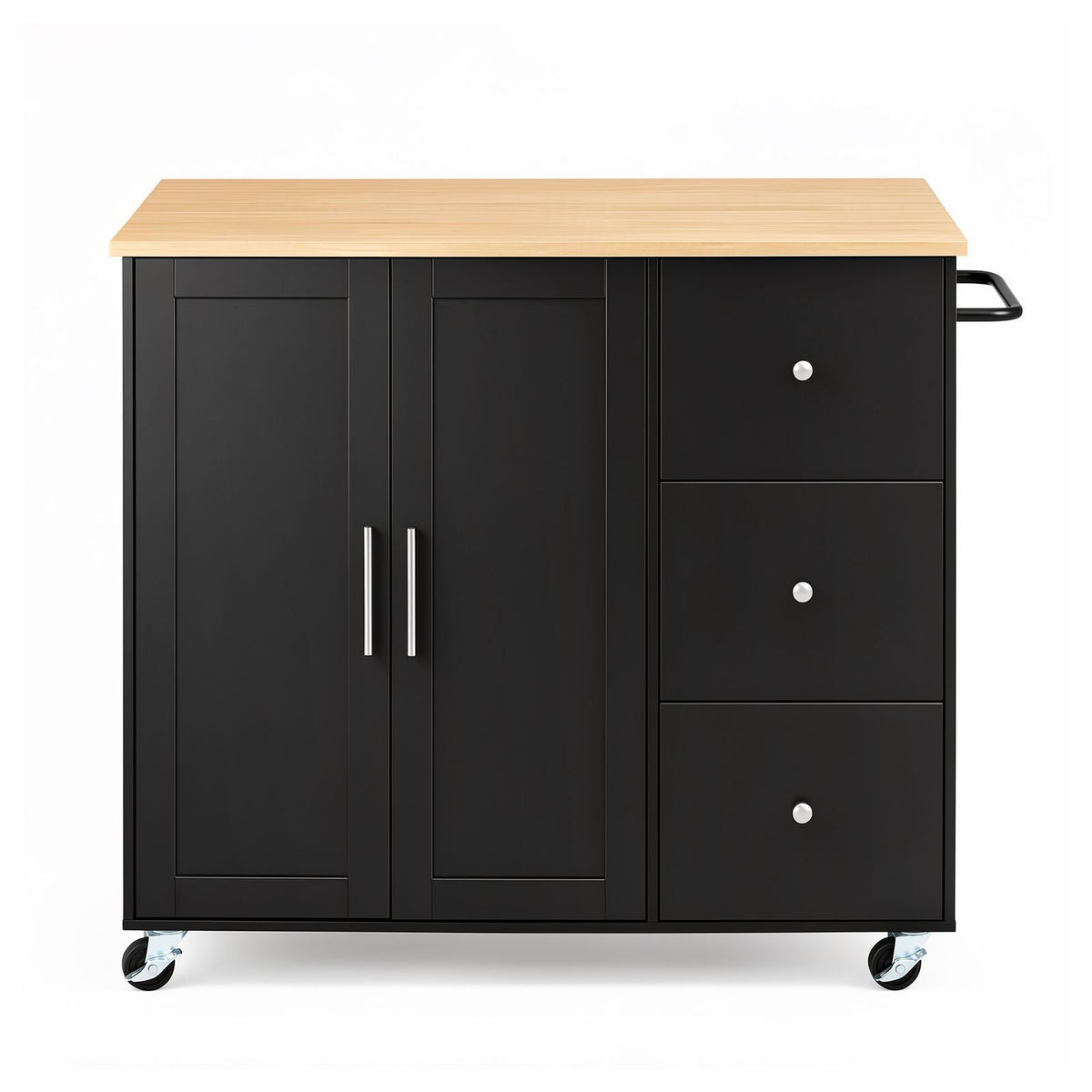 Kitchen Island Cart with Storage, 42.4 in Wide Mobile Rolling Storage Island on Swivel Wheels, with 3 Drawers, Storage Cabinet, Drop Leaf, Towel Rack, Table for Home Dining Room, Black