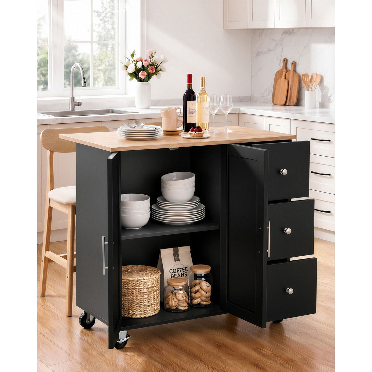 Kitchen Island Cart with Storage, 42.4 in Wide Mobile Rolling Storage Island on Swivel Wheels, with 3 Drawers, Storage Cabinet, Drop Leaf, Towel Rack, Table for Home Dining Room, Black