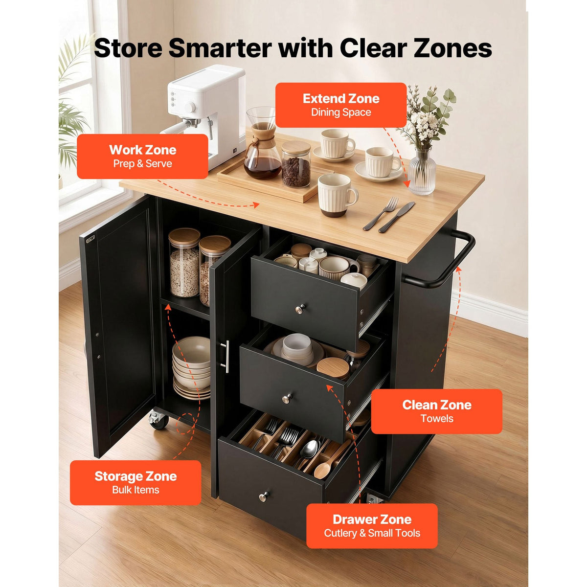 Kitchen Island Cart with Storage, 42.4 in Wide Mobile Rolling Storage Island on Swivel Wheels, with 3 Drawers, Storage Cabinet, Drop Leaf, Towel Rack, Table for Home Dining Room, Black